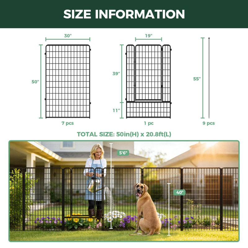 Clôture d'extérieur pour la cour pour l'extérieur de la cour - H 50 po x H 20,8 pi (L) barrière en métal robuste pour chien, clôture décorative sans creusage pour chien, 8 panneaux, noir