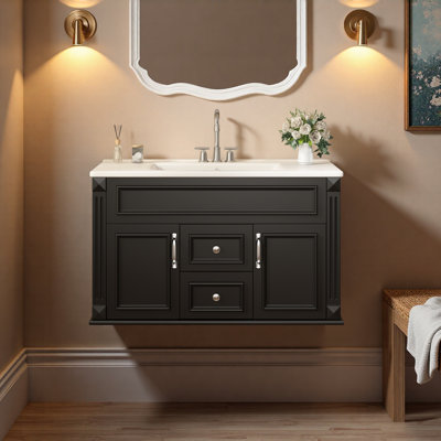 Meuble-lavabo mural 36 po avec lavabo et tiroirs en céramique, meuble-lavabo simple de style français avec charnières à fermeture douce