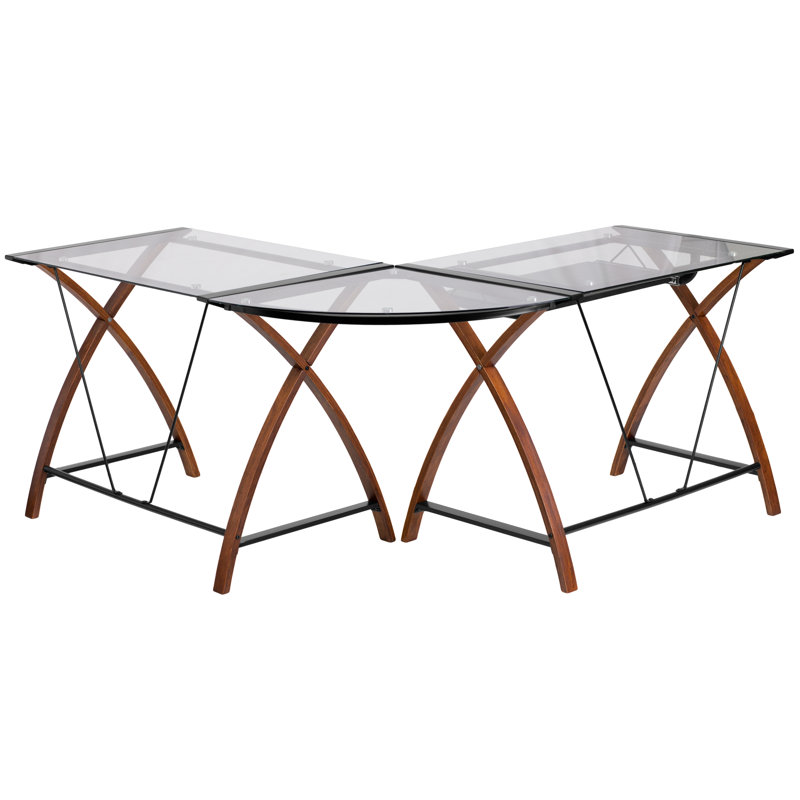 Bureau d'ordinateur en coin en L en verre avec plateau à clavier coulissant Chava