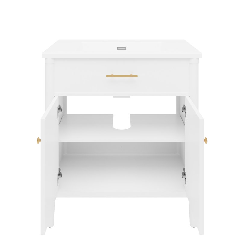 Meuble-lavabo blanc 31 po avec lavabo, fonctionnalité de fermeture en douceur, tablette réglable, conception incurvée, pieds en bois d'hévéa, poignées dorées mates, portes d'armoire compactes, tablettes intérieures,