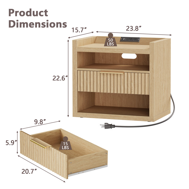 23.8''W Modern Nightstand With Charging Station,1-drawer And 2 Shelf, 1