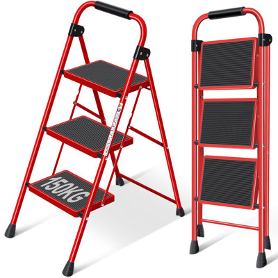 Escabeau pliant 3 marches avec anti-dérapant et pédale large, pliable et portable, blanc