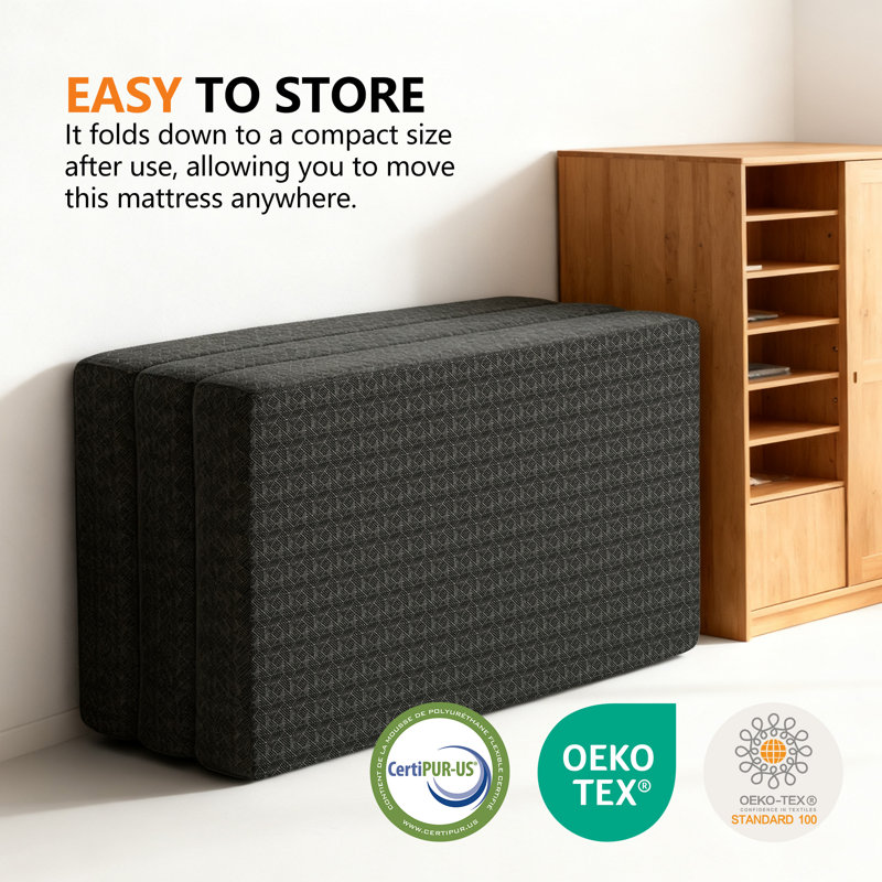 4'' Gel Memory Foam Mattress Single Size, Portable Tri-folding Mattress With Washable Cover, Black, 4", Super Single