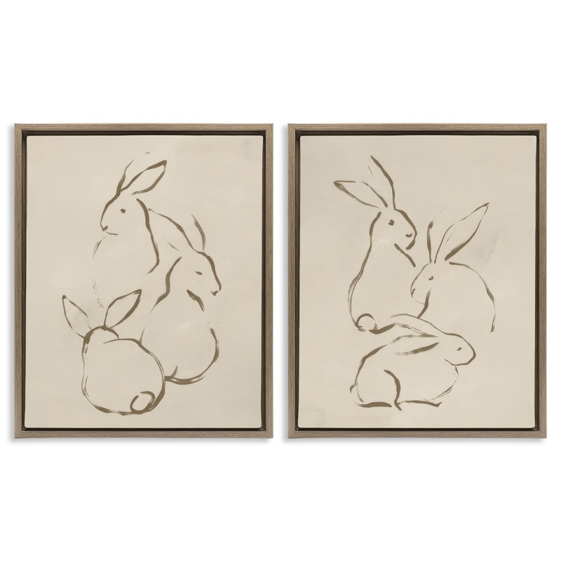 «Earthtone Sitting Rabbits S Croquis», ensemble de 2 toiles flottantes encadrées par June Erica Vess, H 21 po x l 17 po