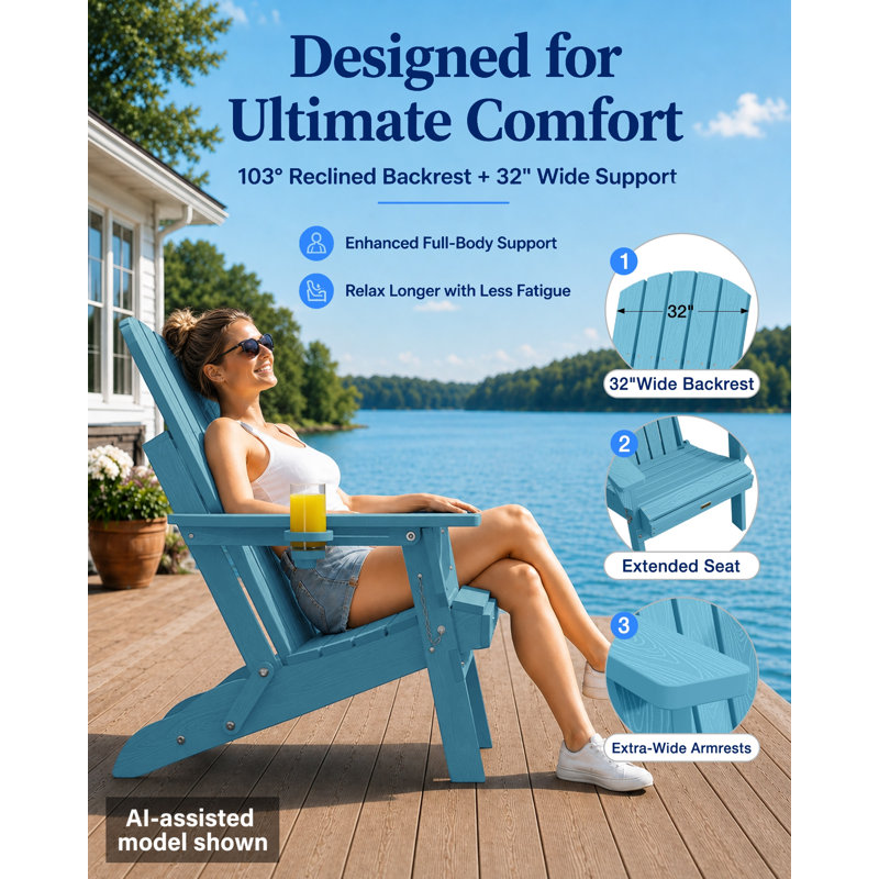 All Weather HDPE Folding Outdoor Adirondack Chair With Cup Holders Durable Oversized Fire Pit Chair Easy Assembly Easy Maintenance Patio Lawn Chair With 380Lbs Load Bearing For Porch, Garden, Backyard, Patio, Deck, Fire Pit, Blue（set of 4）
