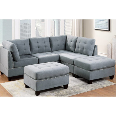 Canapé modulaire en tissu de lin gris 6 pièces - dossier avec 2 fauteuils sans accoudoirs et repose-pieds de coin modernes pour le salon