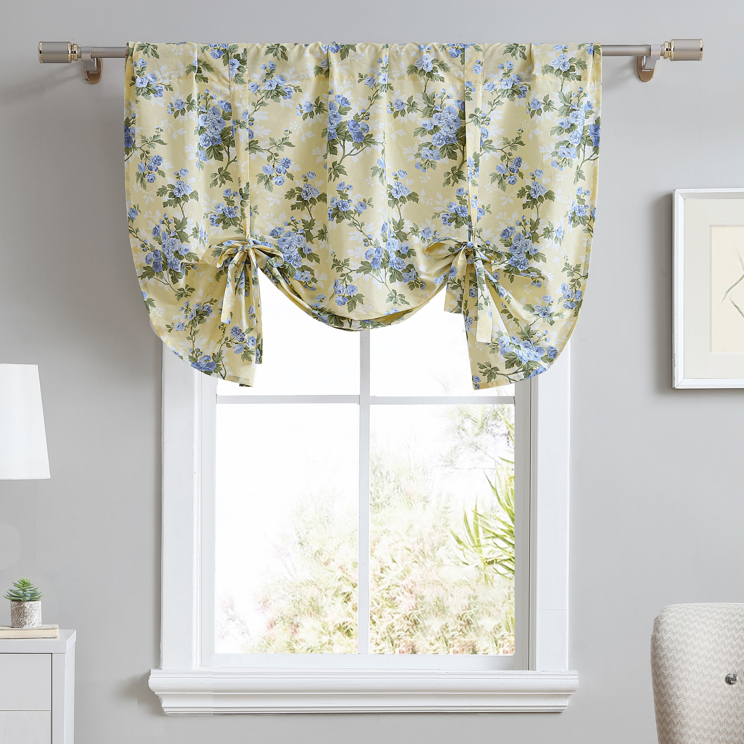 Laura Ashley Cassidy Yellow Floral 100% Cotton Tie Window Valance & Reviews | Wayfair