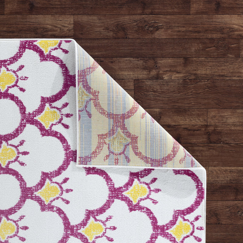 Rose géométrique/crème/jaune Tapis décoratif, Rectangle 5 pi x 7 pi