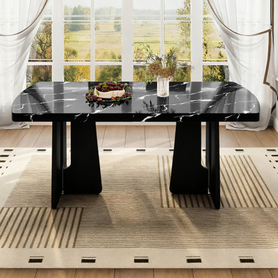 Table de cuisine imitation marbre de 160 cm (63 pouces) avec dessus noir et blanc, pieds géométriques, facile à monter et à nettoyer. Parfait pour la maison, la cuisine et la salle à manger. Pieds résistants pour une utilisation durable.