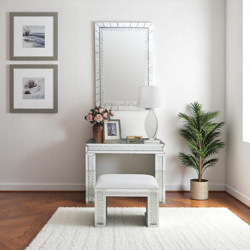 Tabouret de coiffeuse en cuir synthétique Iridescence avec miroir et faux cristaux, ivoire