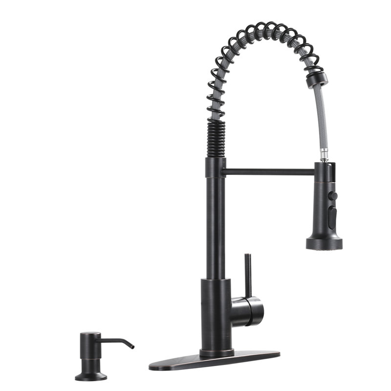 Robinet de cuisine à poignée simple avec distributeur de savon en nickel brossé, Bronze frotté à l'huile