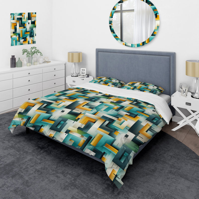 Green Cubic Oasis Geometric I - Ensemble de housse de couette géométrique, Housse de couette pour grand lit et 2 taies décor