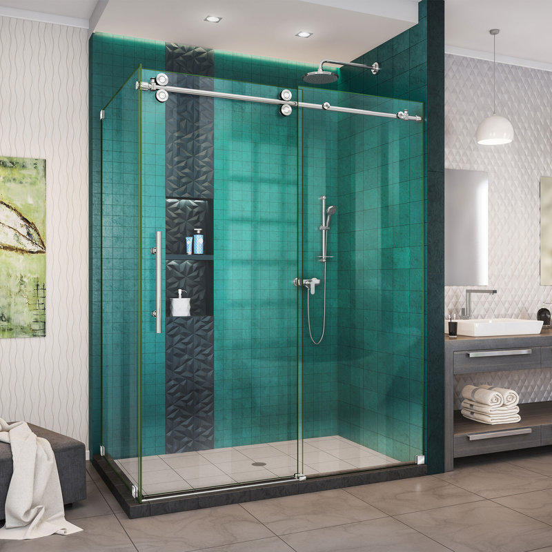 Enigma-XO Single Frameless Rectangle Shower Enclosure, Polished Stainless Steel, 60.375 inch W x 32.5 inch D