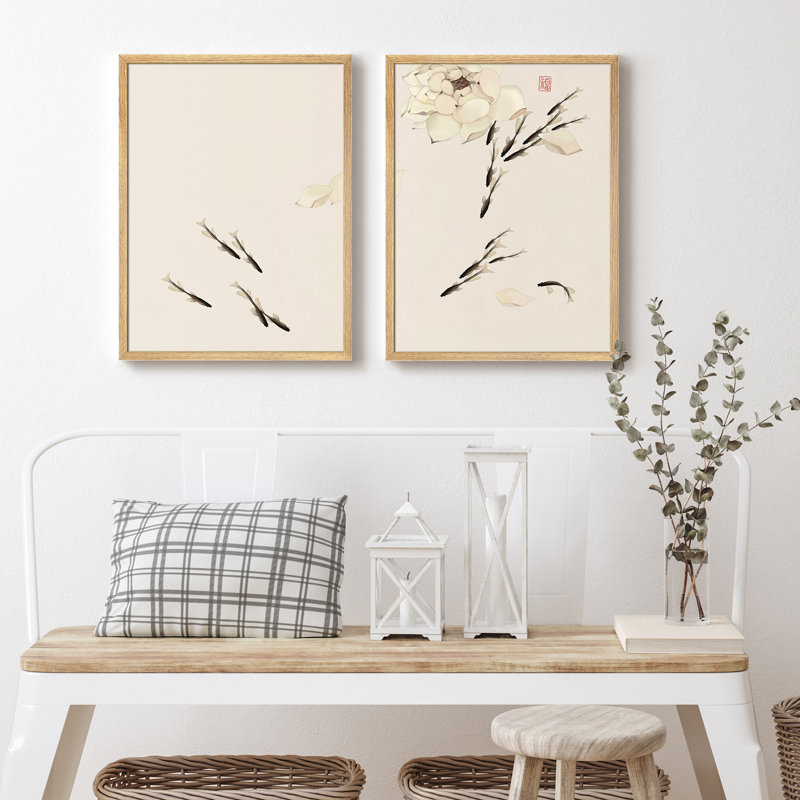 «Fishes In Lotus Pond», reproduction d'art encadrée, affiches, salle de bain, petit art mural, Naturel / naturel