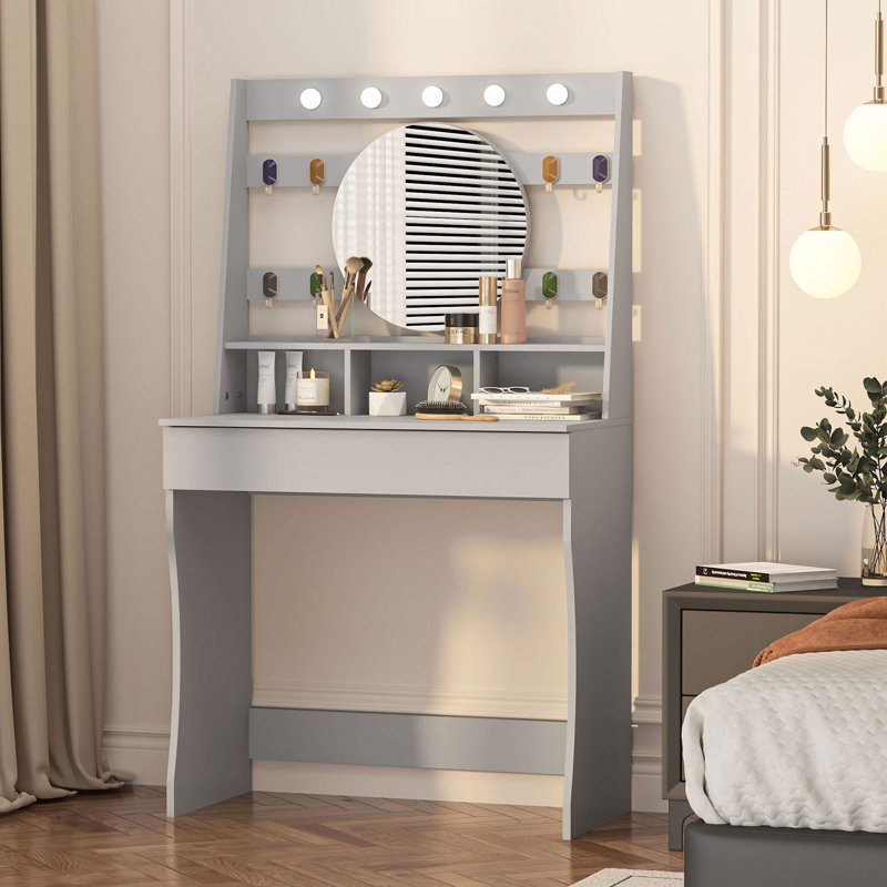 Tamme Dressing Table with Round Mirror, 80x40x140cm 3 Colors LED Light Vanity Table, Grey