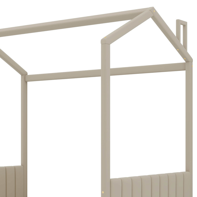 Lit en bois avec tête de lit en velours, Lit double, Beige