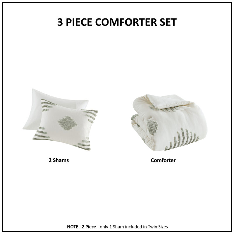 Ivory and Green Cotton Blend Chenille Full Comforter Set