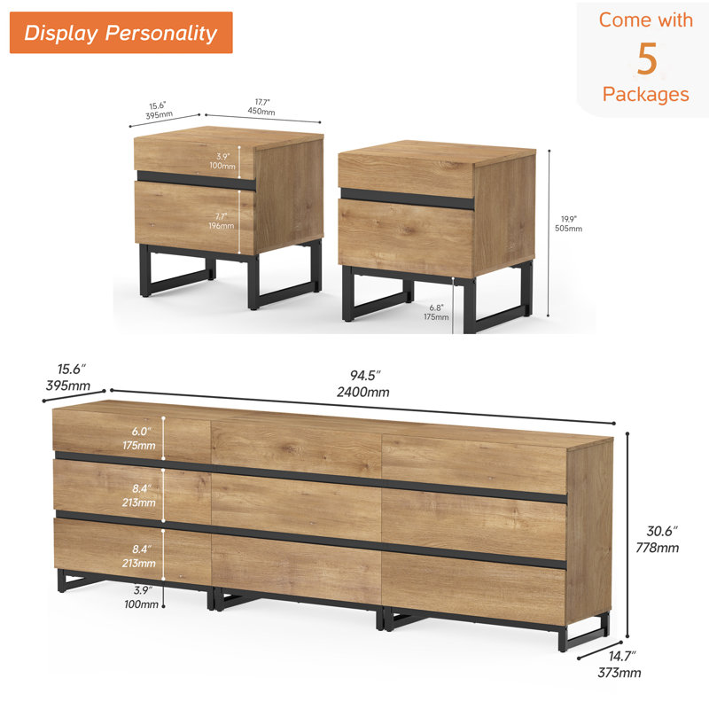 3-Piece Bedroom Furniture Set, 94.5 Inches Dresser & Chest With 9 Drawers, 2 Nightstand With 2 Drawers, Side Table For Bedroom, Bedroom Furniture Set