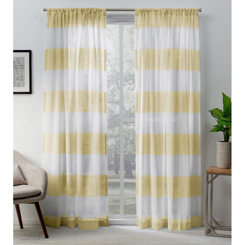 Yellow and White Striped Sheer Linen Rod Pocket Curtain Panels, 50" x 84"