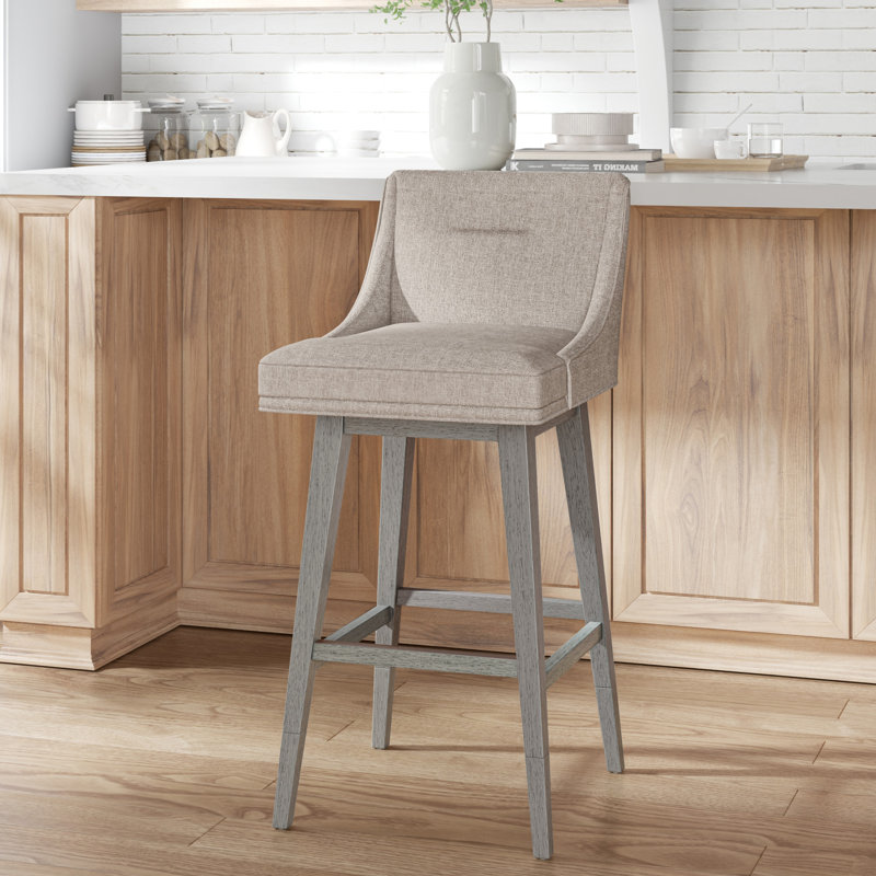 Dorreen Wood And Upholstered Tapered Back Adjustable Height Swivel Stool, Oatmeal, Gray Wash
