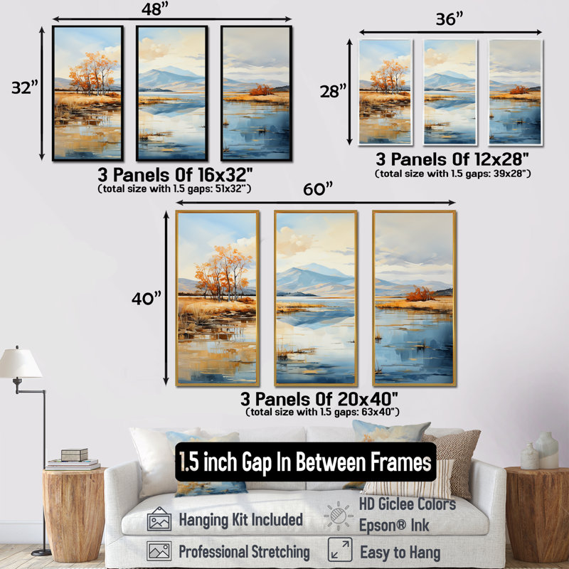 Lacs, rivières, minimalisme, ensemble d'art sur toile, Cadre flottant doré, H 28 po x l 36 po x P 1 po