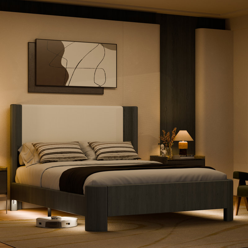 Structure de lit rembourré avec tête de lit à oreilles, lit plateforme amélioré avec éclairage à DEL intégré, base de support à 9 points, assemblage simplifié, cuir synthétique, chêne gris foncé, double