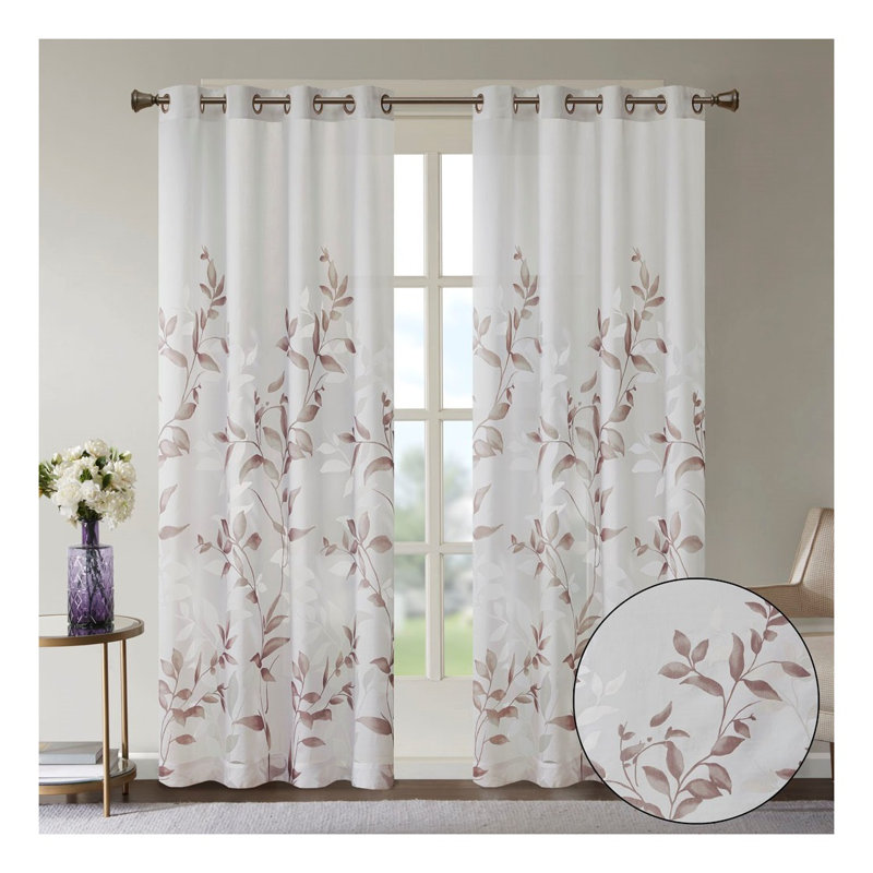 Panneau de rideau semi-diaphane avec œillets Burnout, motif botanique multicolore, 50 po x 84 po, White/Brown