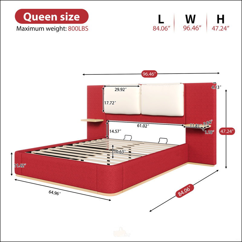 Grand lit plateforme tapissier avec panneau, Rouge, Grand lit