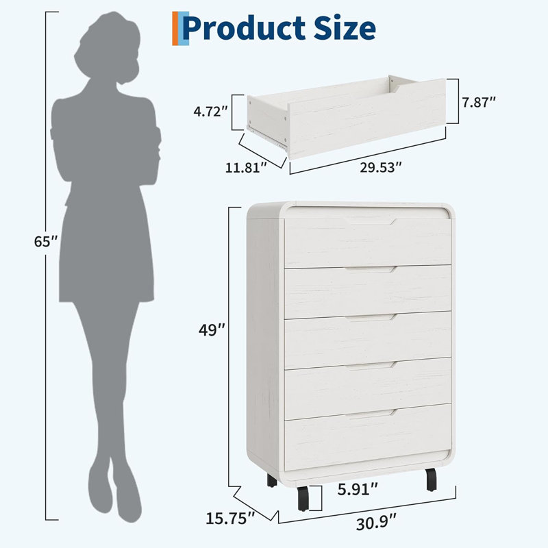 Comfortable Bedroom with 5 Drawers for Bedroom, Nursery, Living Room,Hallway, White