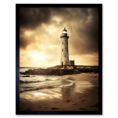Houk Atmospheric Lighthouse Beach Sepia Atmospheric Sunset - Single Picture Frame Print