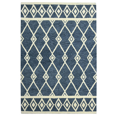 Tapis bleu marine en laine à boucles et crocheté à la main Gittel