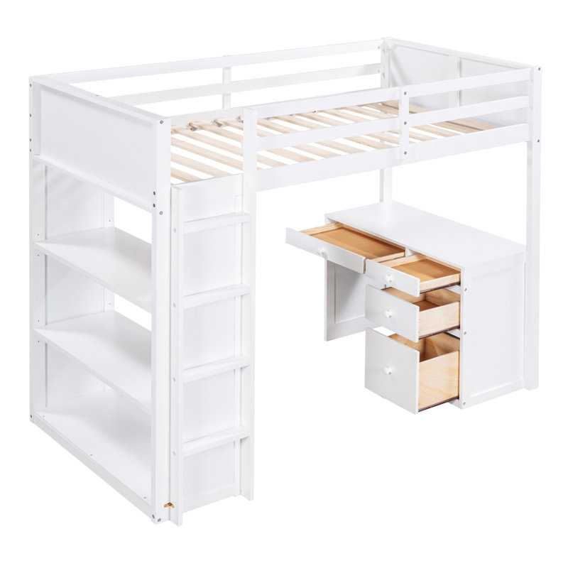 Loft Bed With Ladder, Shelves, And Desk, Twin, White