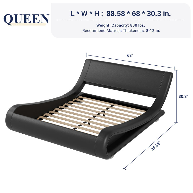 Low Profile Sleigh Bed With Faux Leather Ergonomics Headboard, Black, Queen