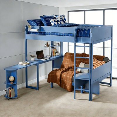 Full Loft Bed With Pull-out Desk, Lights And Storage Shleves & Side Table, Convertible Sofa Couch