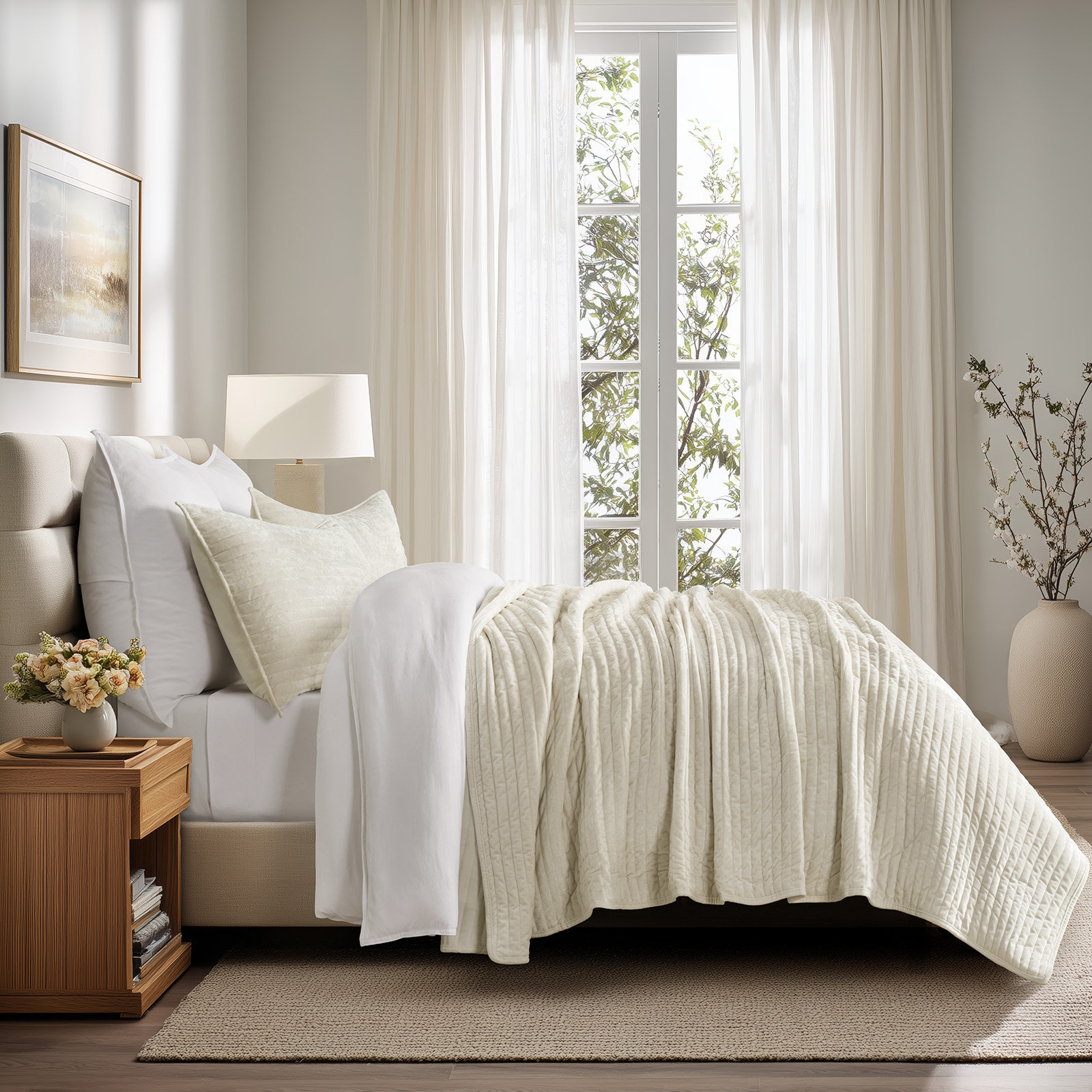 Velvet Quilt Set, California King, Beige