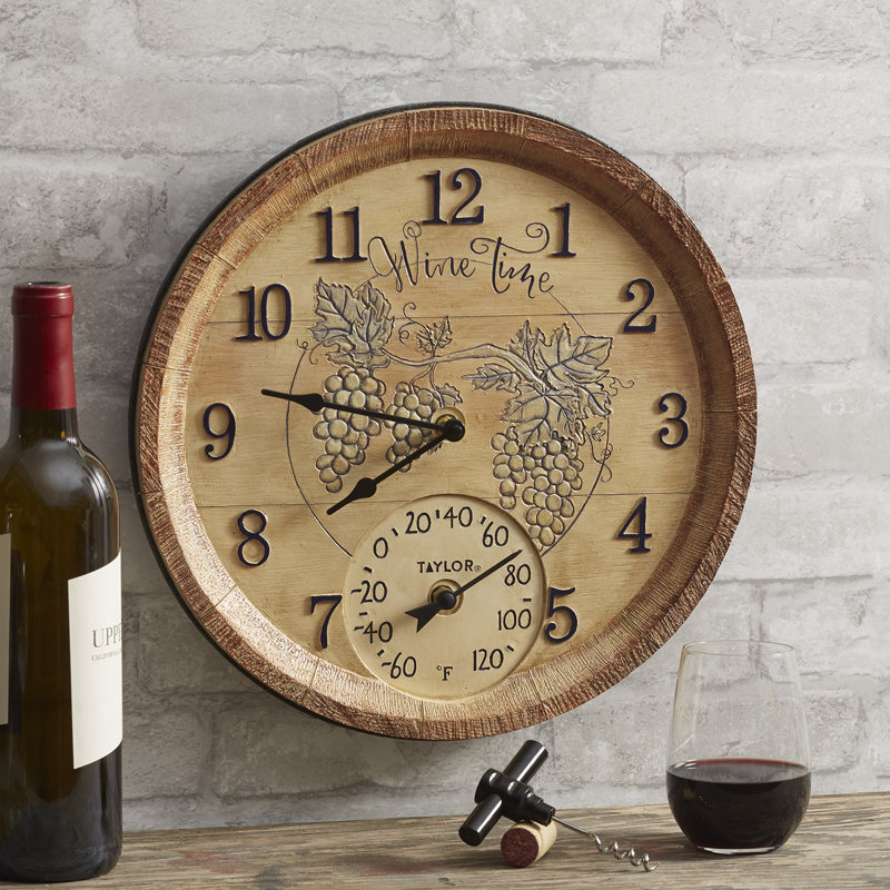 14” Wine Time Poly Resin Clock & Thermometer W/Bonus Corkscrew
