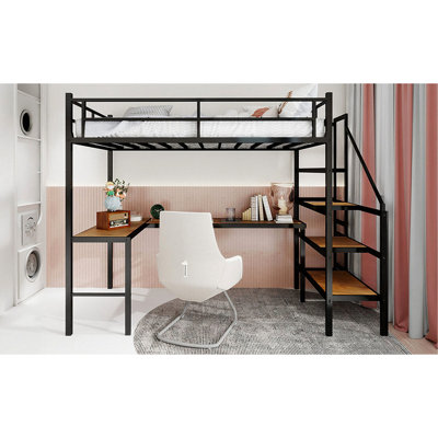 Lit mezzanine simple en fer noir avec bureau en L, embout, silencieux, garde-corps 360, tablettes de rangement, espace de protection de la chambre à coucher