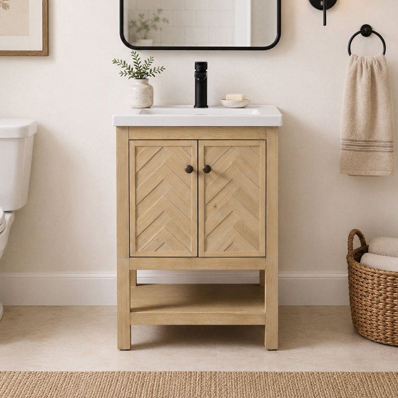 Meuble-lavabo simple 24 po avec plateau en céramique Chazden, Natural Cedar, Cuivre antique, Blanc