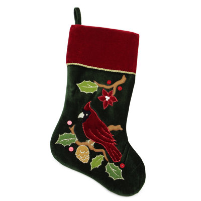 20.5"" Red and Green Cardinal Embroidered Christmas Stocking -  Northlight Seasonal, L36162