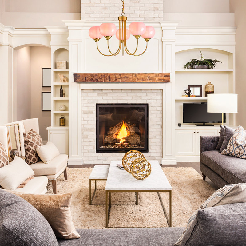 Pink Glass Globe Chandelier, 5 Light Mid Century Modern Chandeliers, Pink, Suspension Chain, 5 Lights