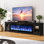 Meuble télé 90 po avec foyer électrique intelligent, meuble audio-vidéo pouvant accueillir un téléviseur de 100 po ou moins, console Wi-Fi contrôlée avec tablettes réglables et portes en verre