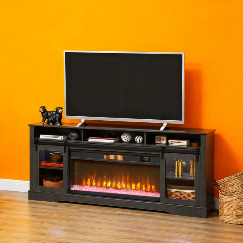 Console télé avec foyer électrique, rangement ouvert et armoires latérales, Gris