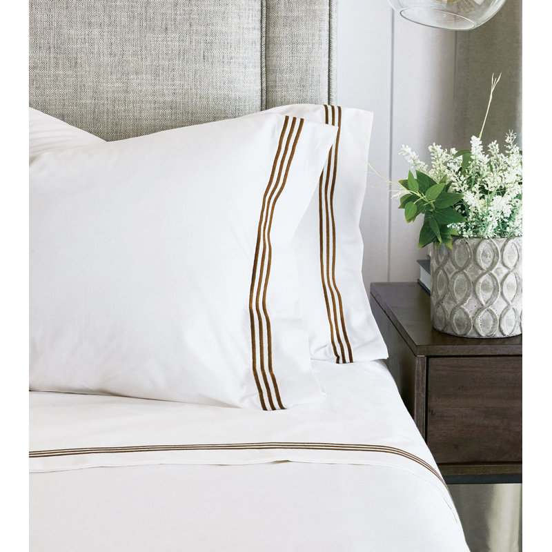 Tessa 100% Cotton Percale Sheet Set, King Sheet Set + 2 Pillowcases, White/Brown