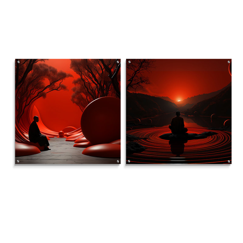 «Mediation Zen Enlightenment - Meditation Acrylique», ensemble d'art mural en verre sur 2, H 36 po x l 73 po