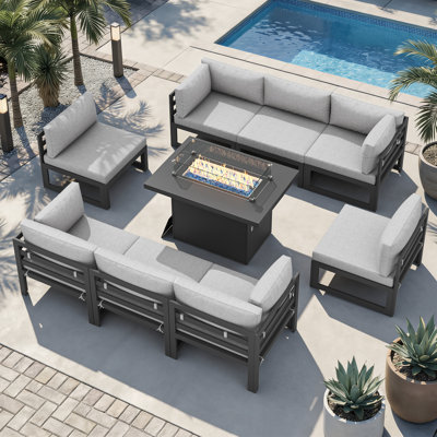 Anevaeh 8-Person Outdoor Patio All-Aluminum Sectional Conversation Set with Fire Pit Table and Cushions