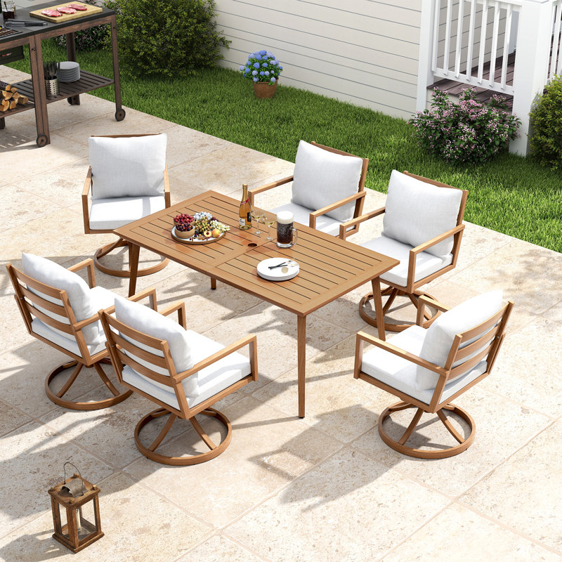 Ensemble de salle à manger en aluminium brun 7 pièces avec table rectangulaire, 6 chaises pivotantes et coussins gris clair Michael