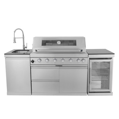 Barbecue au propane à 6 brûleurs Daheat Deluxe en acier inoxydable de 44 po avec rôtissoire, refroidisseur à vin, comptoirs en granit, armoires et tiroirs de rangement, argent