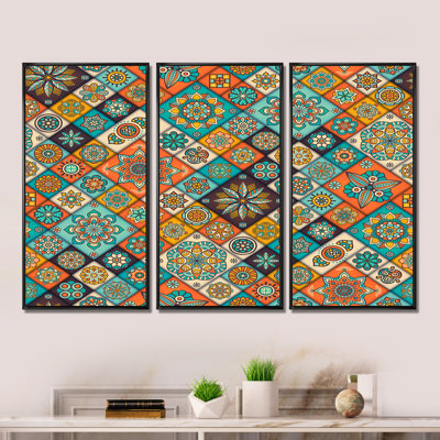 «Ethnic Colorful Circular Floral II», reproduction de cadre flottant sur toile 3 pièces
