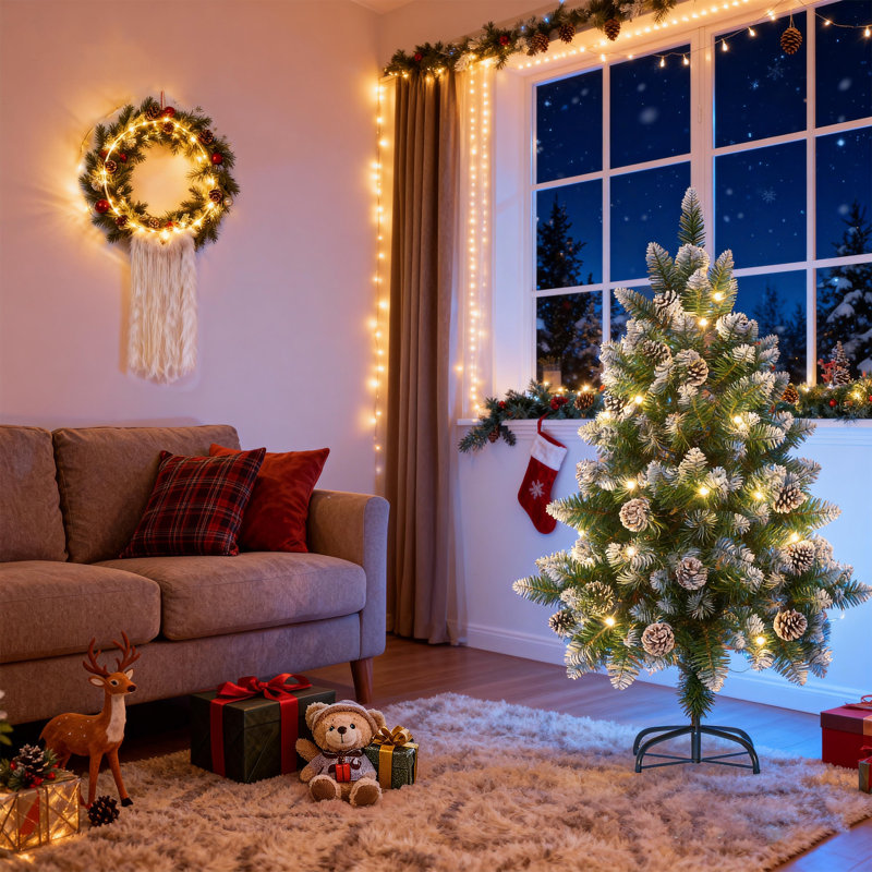 Artificial Christmas Tree, PVC Christmas Tree with Tips and Stand, Artificial Pine Tree, Christmas Decoration, Snow Effect with Pine Cones
