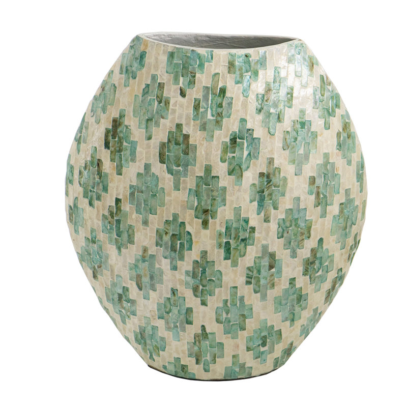 Rhys Decorative Vase, Hand-Applied Mosaic-Pattern Green-White Capiz 18 Inch, 17.7" H x 15" W x 7.1" D